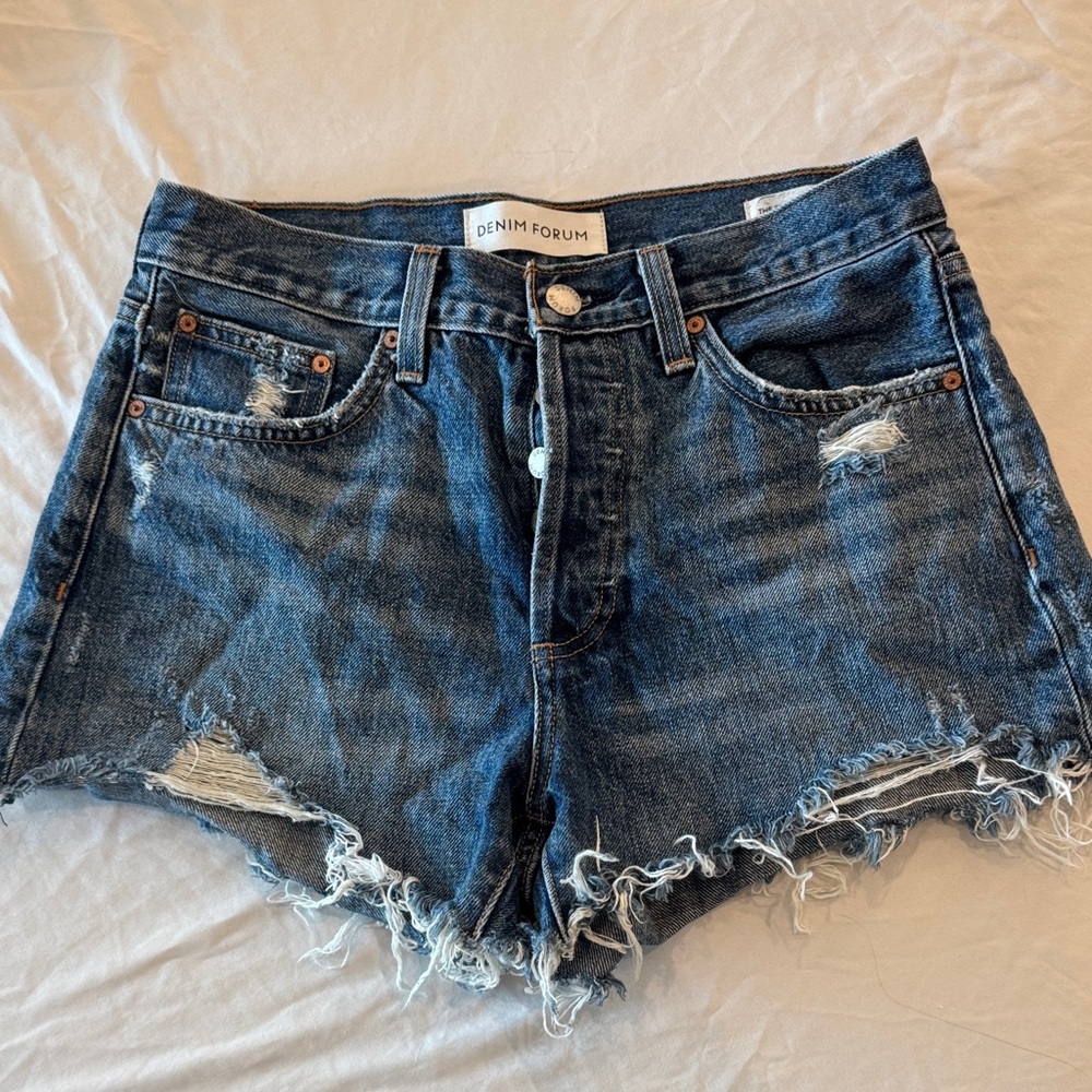 Denim Forum Dark Blue Frayed Jean Shorts